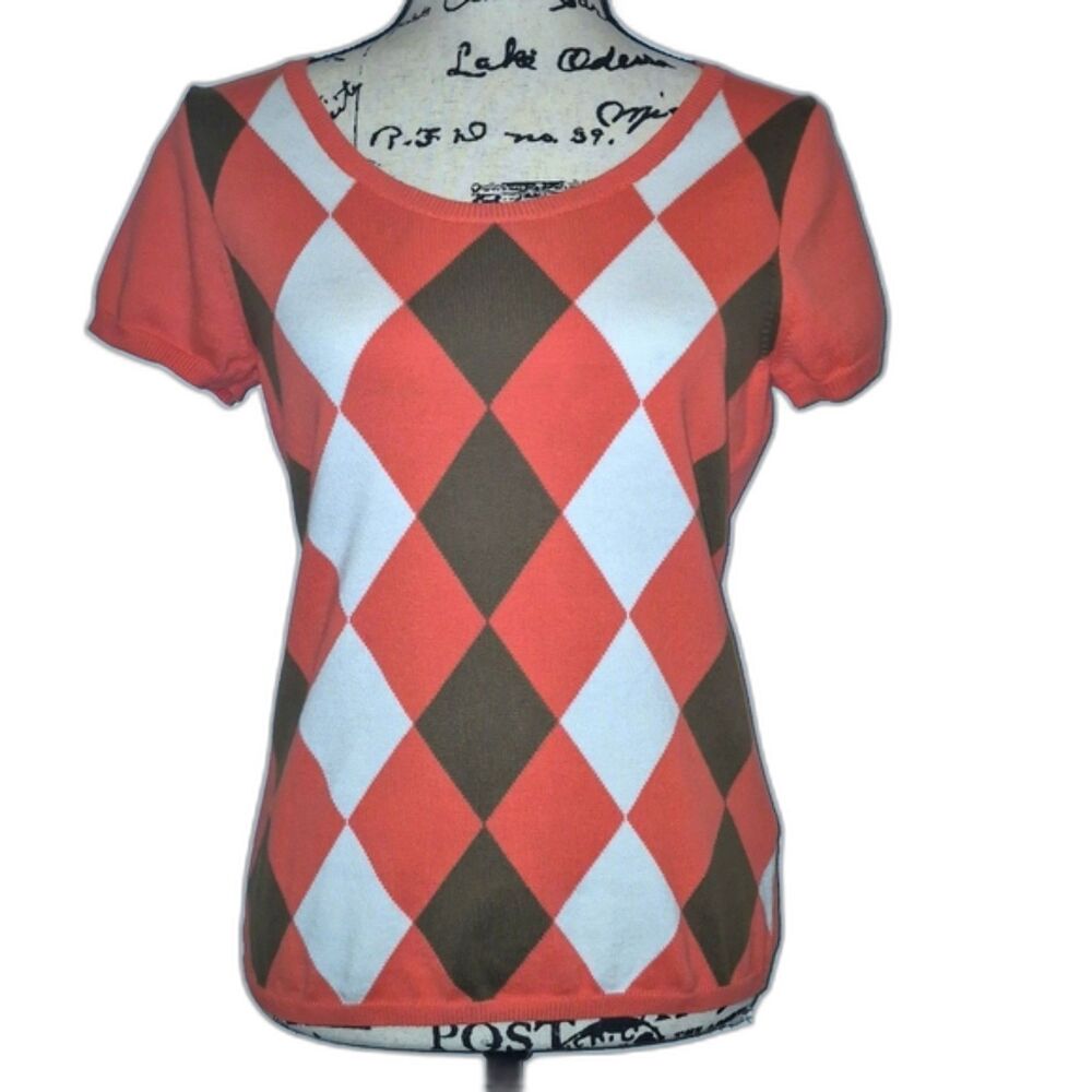 J. Crew Sweater Top S Argyle SS Cotton Orange White Brown Pullover Preppy